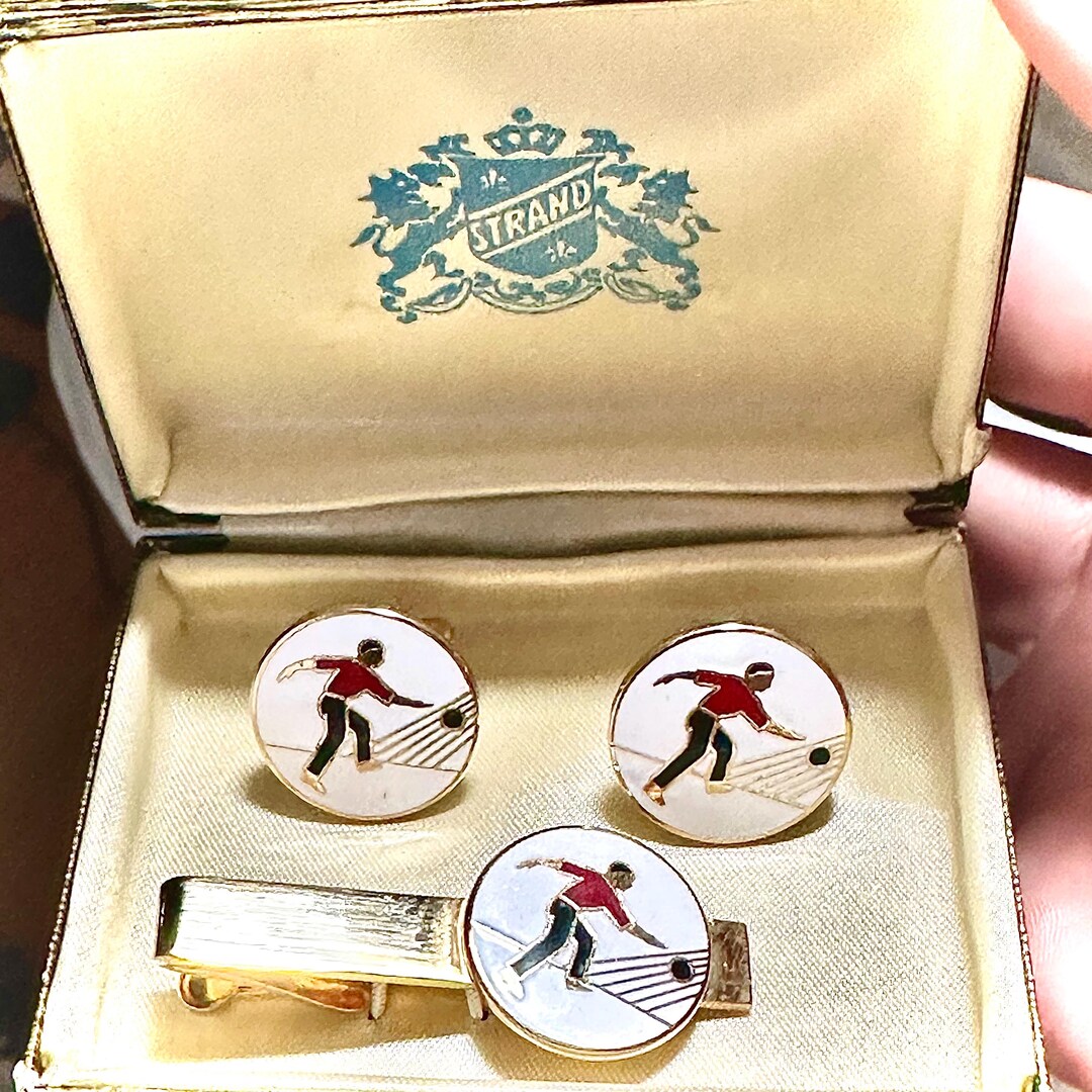 Boutons De Manchette Vintage Bowling SWANK 12016 - Ton Argenté, Noir, Rouge, Blanc