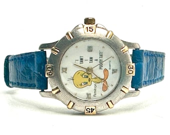 Reloj Armitron Tweety Bird vintage de 1994 – Correa de cuero azul, ventana de fecha