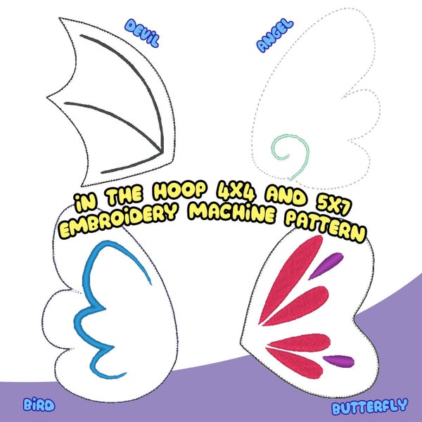 ITH Chibi Wings Set |  Cosplay Angel, Devil, Bird, Butterfly  In The Hoop Embroidery File | With Photo Tutorial,Beginner Friendly