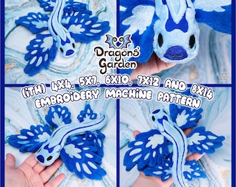 May include: Four embroidery machine patterns for a blue and white sea slug plush toy. The patterns are available in sizes 4x4, 5x7, 6x10, 7x12, and 8x14 inches. The text "Dragons Garden" is visible in the image.