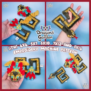 Puede incluir: Un collage de diseños bordados en tela de varias formas y colores. Los diseños incluyen una serpiente y figuras de inspiración azteca con acentos rojos, dorados y turquesas. El texto en la imagen dice "Dragons Garden" y "Embroidery Machine Pattern."