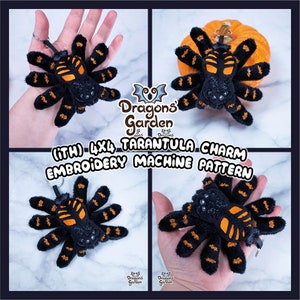 May include: A black and orange plush tarantula charm with a key ring. The charm is 4x4 inches and is designed for use with an embroidery machine. The image includes the text "(iTH) 4x4 Tarantula Charm Embroidery Machine Pattern".