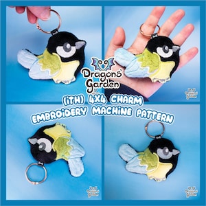 May include: A 4x4 inch embroidery machine pattern for a small bird charm. The pattern is for in-the-hoop embroidery and includes a key ring. The bird is yellow, blue, and green with black eyes.