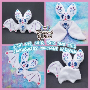 ITH Sugar Skull Bat Peluche Motif de broderie | Adorable chauve-souris d’Halloween dans le cerceau | Avec tutoriel photo, convivial pour les débutants