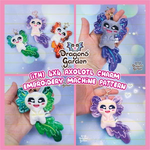 Op de afbeelding: Vier geborduurde axolotl-charms in verschillende kleuren: paars, oranje, groen en wit. Elke charm heeft een schattig gezicht met grote ogen en een kleine mond. De charms zijn bevestigd aan sleutelhangers en zijn gelabeld "(iTH) 4x4 AXOLOTL CHARM EMBROIDERY MACHINE PATTERN".