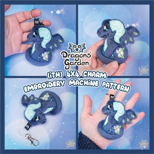 May include: A blue and white embroidered dragon charm with a flower design. The charm is attached to a silver key ring. The image includes the text "(iTH) 4X4 CHARM EMBROIDERY MACHINE PATTERN" and "Dragons Garden".