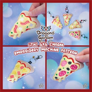 May include: A collection of pizza slice charms with various toppings, including pepperoni, mushrooms, and peppers. The charms are attached to keychains. The text "Dragons' Garden" and "(ITH) 4X4 CHARM EMBROIDERY MACHINE PATTERN" are also visible.