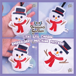 May include: A white plush snowman charm with a black top hat, red scarf, and brown twig arms. The charm is 4x4 inches and is designed for use with an embroidery machine. The image includes the text "(iTH) 4X4 CHARM EMBROIDERY MACHINE PATTERN".