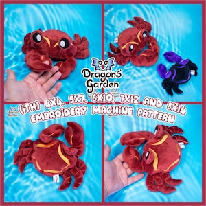 May include: Four red plush crab toys in various sizes, 4x4, 5x7, 6x10, 7x12, and 8x14 inches. The crabs are sitting on a blue and white tiled surface. The text "(iTH) 4x4, 5x7, 6x10, 7x12 AND 8x14 EMBROIDERY MACHINE PATTERN" is written in white on a black background.
