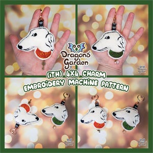 May include: A white dog-shaped charm with a red and gold or green and gold collar, attached to a keychain. The charm is part of an embroidery machine pattern. The text "Dragons Garden" and "(ITH) 4X4 CHARM EMBROIDERY MACHINE PATTERN" are visible.