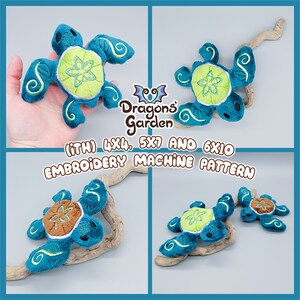 Puede incluir: Un conjunto de cuatro patrones de máquina de bordado para un juguete de peluche de tortuga. Los patrones son para tamaños de aro de 4x4, 5x7 y 6x10. La tortuga es azul y verde con un caparazón marrón y un diseño de flor verde en su espalda. El texto "Dragons' Garden (ITH) 4x4, 5x7 and 6x10 Embroidery Machine Pattern" es visible en la imagen.