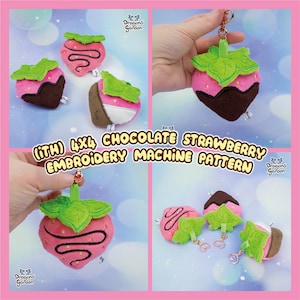 May include: A set of four plush chocolate-covered strawberry keychains. Each keychain features a pink strawberry with a green leaf, a chocolate swirl, and a brown chocolate base. The keychains are made with a soft, plush fabric and are perfect for adding a touch of sweetness to any bag or backpack.