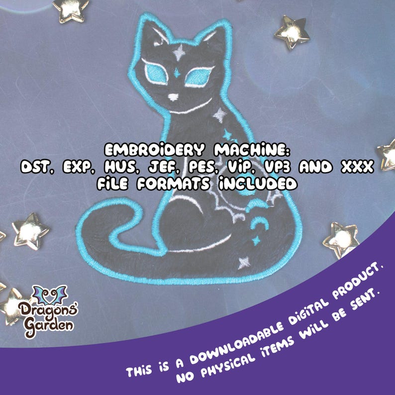 May include: Black cat embroidery design with teal accents and star details. Includes multiple file formats: DST, EXP, HUS, JEF, PES, VIP, VP3, and XXX. The text says "Embroidery Machine: File Formats Included". The product is a downloadable digital product.