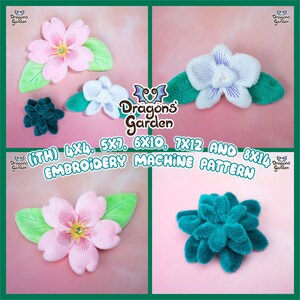 May include: Four embroidery designs for a machine embroidery pattern. The designs are of a pink flower with green leaves, a white flower with green leaves, a green flower, and a teal flower. The text on the image reads "(iTH) 4x4, 5x7, 6x10, 7x12 AND 8x14 EMBROIDERY MACHINE PATTERN".