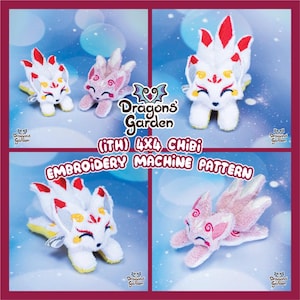 May include: Four embroidered plush toys in the shape of a fox with nine tails. The fox toys are in white, pink, and red colours. The toys are 4x4 inches and are designed for embroidery machines. The text "Dragons Garden (iTH) 4X4 Chibi Embroidery Machine Pattern" is displayed on the image.