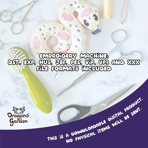 May include: A white and pink embroidered snake design with a purple background. The text "EMBROIDERY MACHINE: DST, EXP, HUS, JEF, PES, VIP, VP3 AND XXX FILE FORMATS INCLUDED" is displayed on the image. The text "Dragons Garden" is displayed in a purple box with a dragon logo. The text "THIS IS A DOWNLOADABLE DIGITAL PRODUCT. NO PHYSICAL ITEMS WILL BE SENT." is displayed in a purple box.