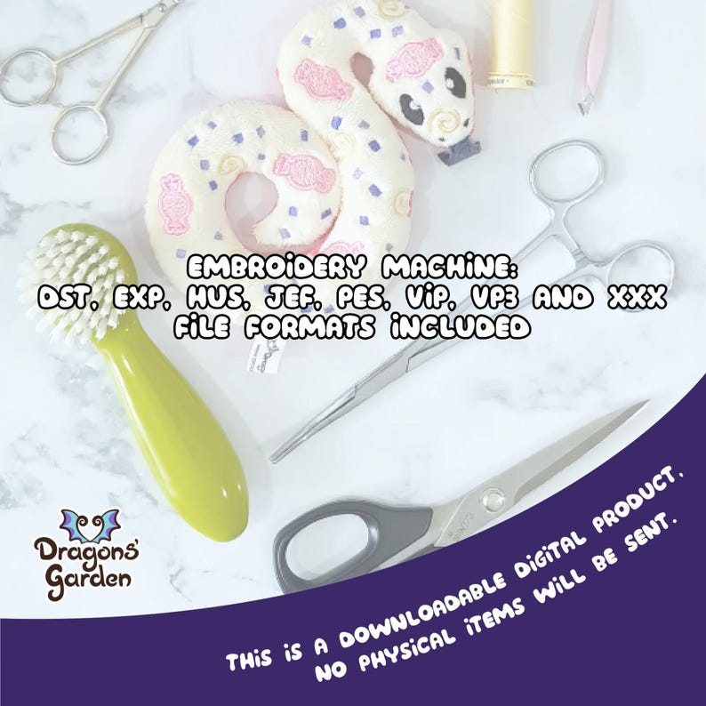 May include: A white and pink embroidered snake design with a purple background. The text "EMBROIDERY MACHINE: DST, EXP, HUS, JEF, PES, VIP, VP3 AND XXX FILE FORMATS INCLUDED" is displayed on the image. The text "Dragons Garden" is displayed in a purple box with a dragon logo. The text "THIS IS A DOWNLOADABLE DIGITAL PRODUCT. NO PHYSICAL ITEMS WILL BE SENT." is displayed in a purple box.