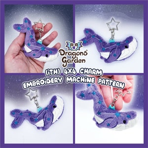 May include: A purple whale charm with a blue star pattern and a white belly. The charm is attached to a silver key ring with a star charm. The charm is 4x4 inches and is an in-the-hoop embroidery machine pattern.