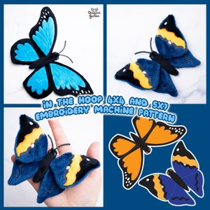 Könnte beinhalten: Stickmuster für eine blaue Schmetterlings-Stickerei mit gelben Akzenten. Das Muster ist für 4x4 und 5x7 Stickrahmen konzipiert. Das Bild zeigt das fertige Produkt und das digitale Muster.