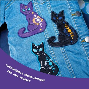 May include: Three embroidered cat patches in purple, black, and black with celestial designs. The patches are on a denim jacket. The text "CUSTOMISABLE EMBELLISHMENT FOR ANY PROJECT" is displayed on a purple banner.