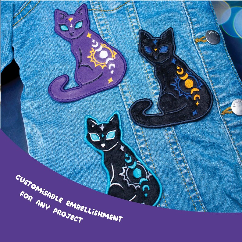 May include: Three embroidered cat patches in purple, black, and black with celestial designs. The patches are on a denim jacket. The text "CUSTOMISABLE EMBELLISHMENT FOR ANY PROJECT" is displayed on a purple banner.