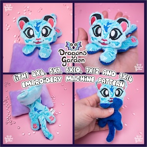 Puede incluir: Un gato de peluche azul y blanco con la nariz rosa y ojos grandes. El gato está acostado sobre una almohada morada. La imagen incluye el texto "Dragons' Garden (iTH) 4x4, 5x7, 6x10, 7x12 AND 8x14 EMBROIDERY MACHINE PATTERN".