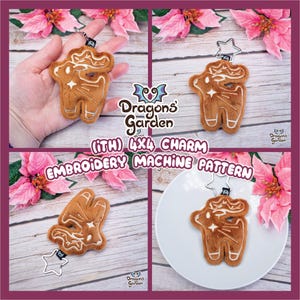 May include: A brown felt charm in the shape of a reindeer with white embroidered details, attached to a star-shaped keychain. The charm is part of an embroidery machine pattern. The image includes the text "Dragons' Garden" and "(ITH) 4X4 CHARM EMBROIDERY MACHINE PATTERN."