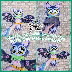 May include: Embroidery machine pattern for a plush owl with gray wings, a green collar, and pink flowers. The pattern is available in sizes 4x4, 5x7, 6x10, 7x12, and 8x14 inches. The pattern is from Dragons Garden.