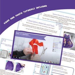May include: Machine embroidery tutorial with video and photo guides. The image demonstrates applique techniques, including fabric cutting and decorative stitching. A purple cat patch with moon and star details is also visible.