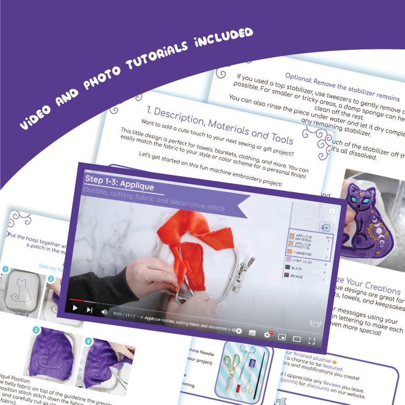 May include: Machine embroidery tutorial with video and photo guides. The image demonstrates applique techniques, including fabric cutting and decorative stitching. A purple cat patch with moon and star details is also visible.