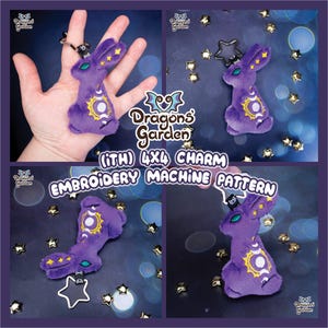 以下が含まれることがあります： 太陽と月のモチーフと星のアクセントを含む、紫色のぬいぐるみウサギのチャーム。 「Dragons Garden」と「(ITH) 4X4 CHARM EMBROIDERY MACHINE PATTERN」のテキストが表示された複数のビューでチャームが表示されます。