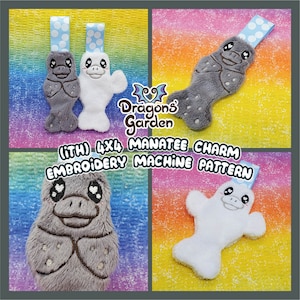May include: A digital embroidery pattern for a 4x4 hoop, featuring a gray and white manatee charm. The pattern is titled "(ITH) 4x4 Manatee Charm Embroidery Machine Pattern".
