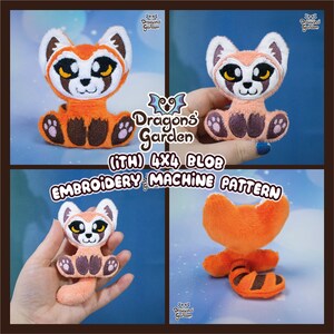 May include: A collection of four images showcasing a plush red panda embroidery pattern. The plush toy has a white face, brown ears, and a fluffy orange body. The text "Dragons Garden" and "(ITH) 4X4 BLOB EMBROIDERY MACHINE PATTERN" are also visible.
