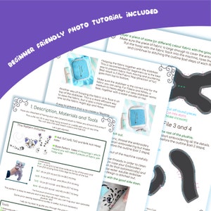 May include: A beginner-friendly photo tutorial for creating a plush leopard. The tutorial includes instructions for cutting out fabric pieces, hooping the fabric, and embroidering the details. The tutorial also includes a list of materials and tools needed for the project.