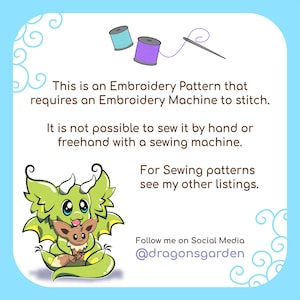 May include: An advertisement for a digital embroidery pattern. The image shows a cartoon dragon with a small creature, spools of thread, and a needle. Text indicates the pattern needs an embroidery machine and directs to other listings.
