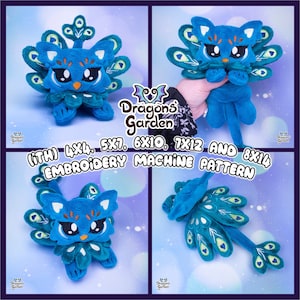 May include: A blue and green peacock cat plush toy embroidery machine pattern. The pattern is available in sizes 4x4, 5x7, 6x10, 7x12, and 8x14 inches.