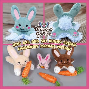 May include: Four plush bunny toys, two are light brown, one is pink, and one is light blue. The blue bunny is lying on a blue and white fluffy mat. The bunnies are holding carrots. The image includes the text "(iTH) 4x4 AND 5x7 BUNNY FREEBIE EMBROIDERY MACHINE PATTERN" and "Dragons Garden".