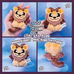 May include: A plush lion with brown fur and a light brown mane. The lion has a small tail and wings. The lion is sitting on a light blue background with white clouds. The text "Dragons Garden (iTH) 4X4 BLOB EMBROIDERY MACHINE PATTERN" is below the lion.