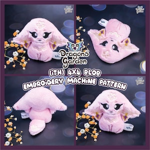 May include: Four images of a pink plush toy with embroidered details. The toy is a small, round creature with large ears, a small mouth, and a tail. The toy is sitting on a white background with flowers.