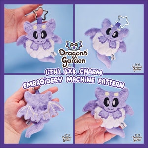 May include: Purple and white plush dragon charm with embroidered details. The charm is attached to a silver key ring. The charm is 4x4 inches and is designed for use with an embroidery machine.
