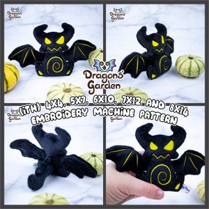 May include: Four embroidery machine patterns for a black bat plush toy with yellow accents. The patterns are available in sizes 4x4, 5x7, 6x10, 7x12, and 8x14 inches. The image shows the plush toy in different poses.
