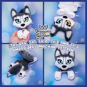 May include: Embroidery machine pattern for a plush husky dog toy. The pattern is available in sizes 4x4, 5x7, 6x10, 7x12, and 8x14 inches. The pattern is designed by Dragons Garden.