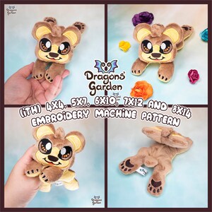 May include: A collage of four images showing a brown and yellow plush toy bear in different poses. The bear is a plush toy pattern for embroidery machines. The text on the image reads "(iTH) 4x4, 5x7, 6x10, 7x12 AND 8x14 EMBROIDERY MACHINE PATTERN".