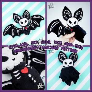 May include: Four embroidery machine patterns for a plush bat with a skeleton design. The patterns are available in four sizes: 4x4, 5x7, 6x10, 7x12, and 8x14 inches. The bat is black with white stitching and a red heart.
