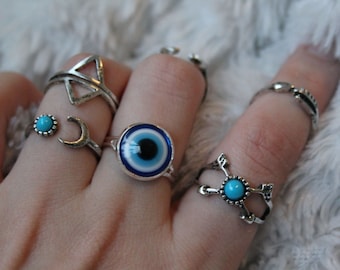 Blue Evil Eye Ring - Silver Gold Bronze | Lucky Eye | Blue White | Bohemian Fashion / Handmade Style / Midi Ring / Girl Teen Women