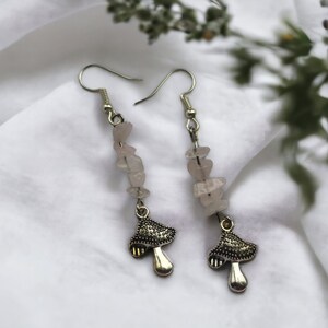 Mushroom Earrings with Rose Quartz Chips | Silver Plated Dangle Earrings | Jewelry Handmade | Gift Present | Gemstone Beads | Charm | HO-4