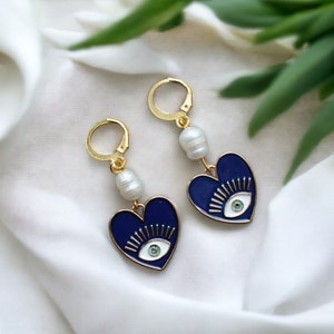 Blue Evil Eye Heart Sweet Water Pearl Hoop Earrings | Gold Plated Dangle Earrings | Jewelry Handmade | Gift Present | Gemstone Beads | HO-50