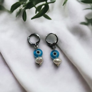 Blue Evil Eye Glass and Sweet Water Pearl Dangle Hoop Earrings | Handmade Gift Present | Beaded Beads | Silver Plated | Christmas