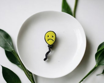 Balloon Yellow Sad Smiley Enamel Pin | Clothes Backpack Pin | Handmade | Gift Present | Y2K 2000 Pin | Happy Smiley Pins | EP-6