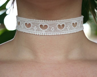 Black or White Heart Choker | Handmade Gift Present | Love Hearts | Lace Choker | Necklace | Woman Teen Girl | Jewelry Hippie 80s | BIG SALE